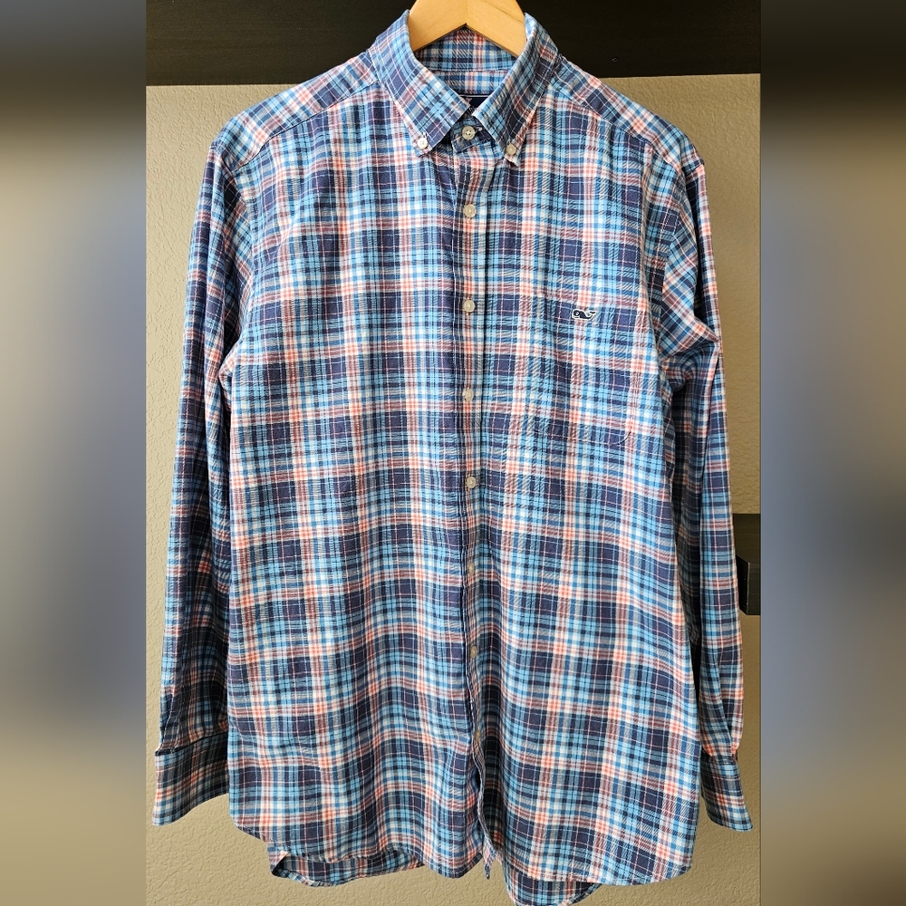 Vineyard Vines Men's Slim Fit Tucker Blue Plaid Shirt Lg